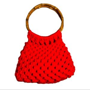 Vintage Red Rattan And Weave Crochet Purse with Wooden Circular Handle